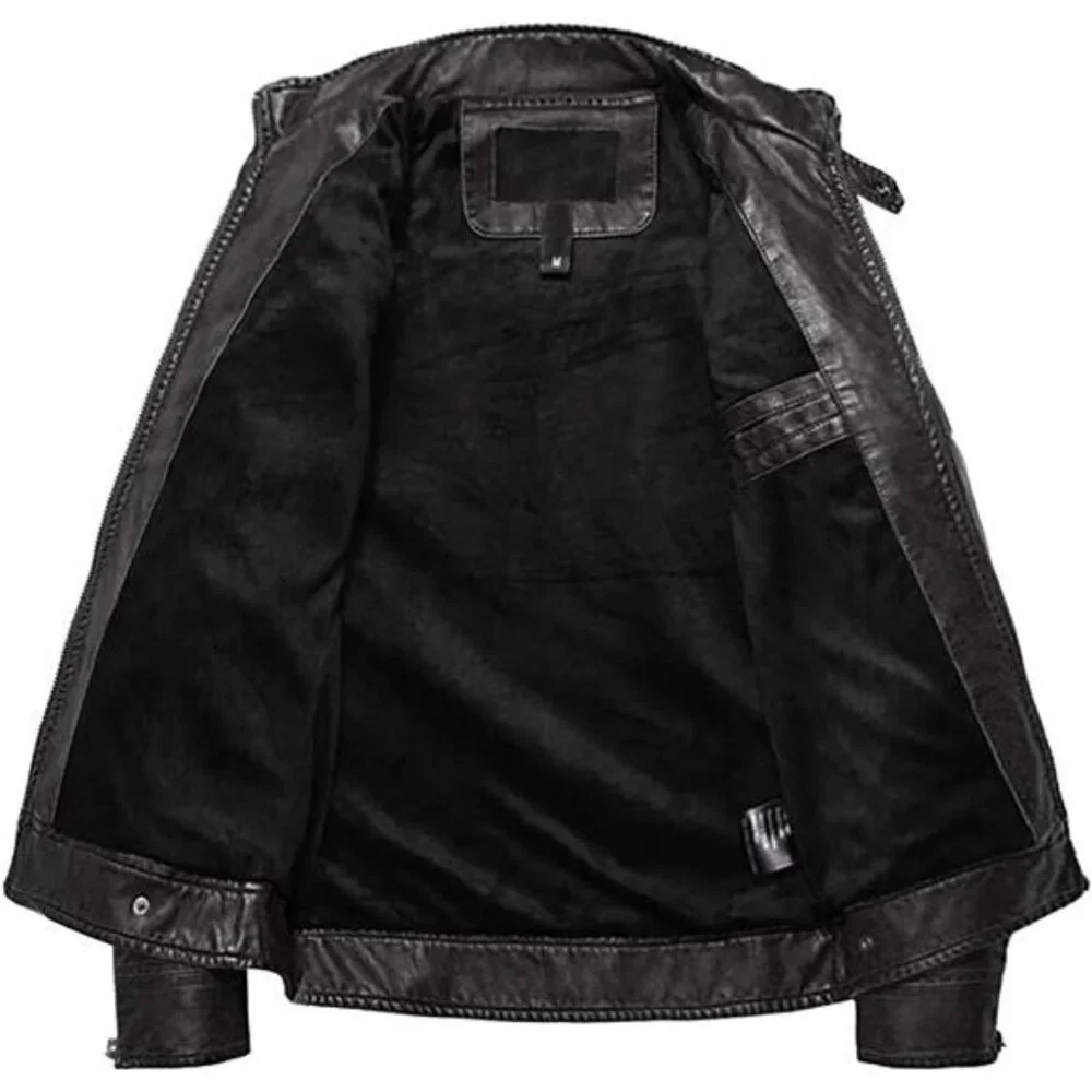 Men's Vintage Stand Collar Leather Jacket Motorcycle PU Jacket and Coat - Picture 2 of 12